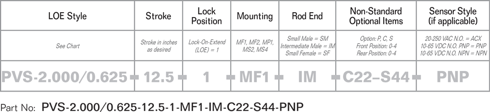 PFA Lock on Extend Pneumatic or Hydraulic Locking Cylinder part number specifications