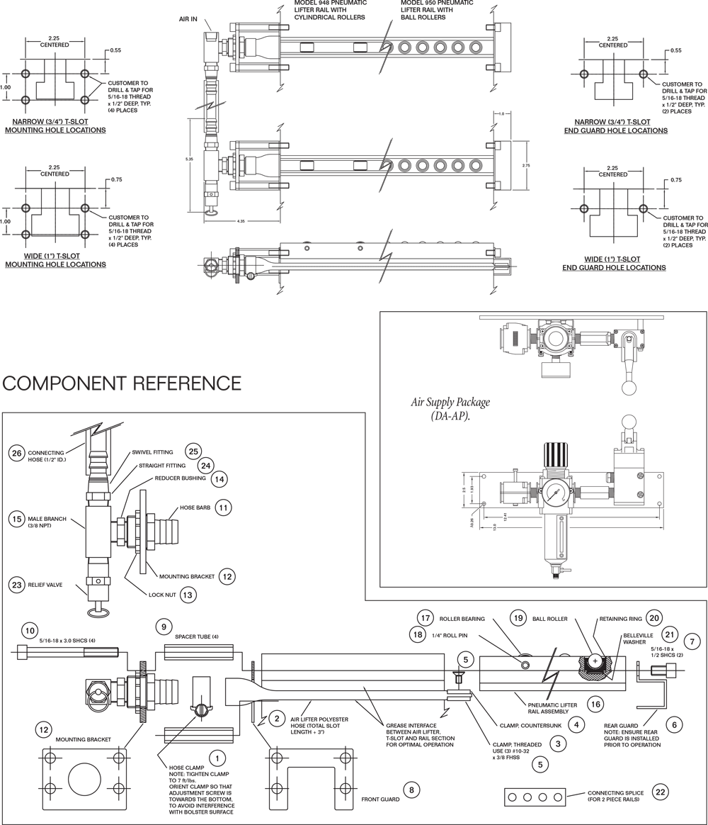 PFA Quick Die Change Model 948 and 950 Pneumatic Air Die Lifter Rail Schematic Drawing