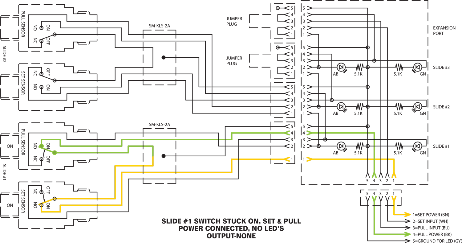 Slide #1 Switch Stuck on, set and pull. Power connected, no LED's. Output none.