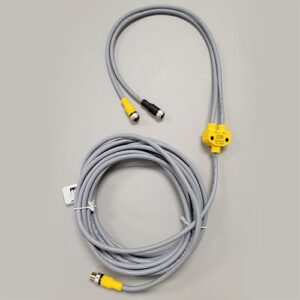 A coiled grey Ethernet cable with one end showing a yellow RJ45 connector and the other end stripped wires, packaged with a SWITCHMAX™ label.