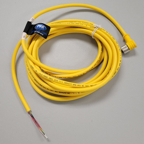 A yellow RJ45 connector on one end and exposed wires on the other, arranged on a white background
