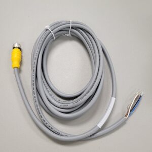 A coiled grey Ethernet cable with a yellow RJ45 connector on one end and exposed wires on the other, arranged on a white background