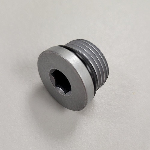 A hex-head plug made of metal with a threaded end and a hexagonal recess, sitting on a white background.