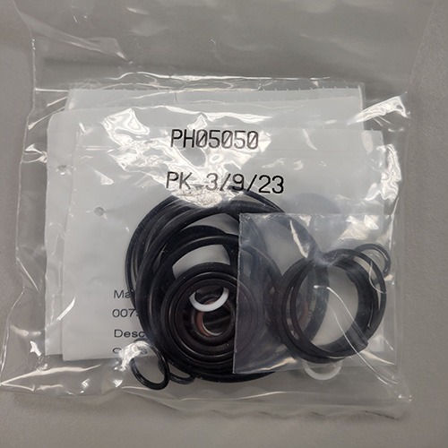 A set of mechanical O-rings and seals in a clear plastic packaging, with part number 'PH05050' and a packing date of '3/19/23'.