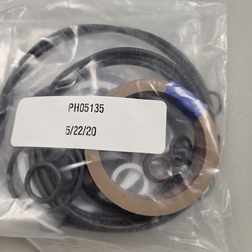 Diverse O-rings and seals in a plastic bag with label 'PH05135' dated '5/22/20'.